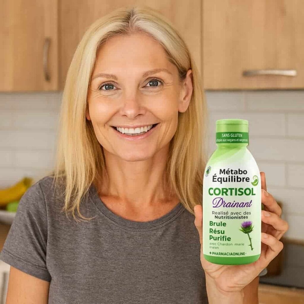 Donna sorridente con prodotto Métabo Équilibre Cortisol Drainant.