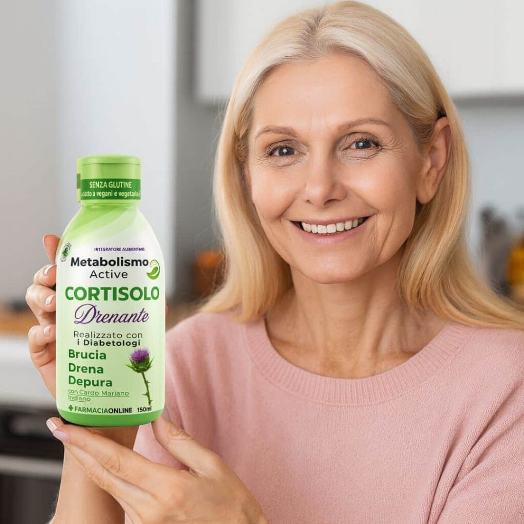 Donna sorridente che mostra un integratore di cortisolo naturale.