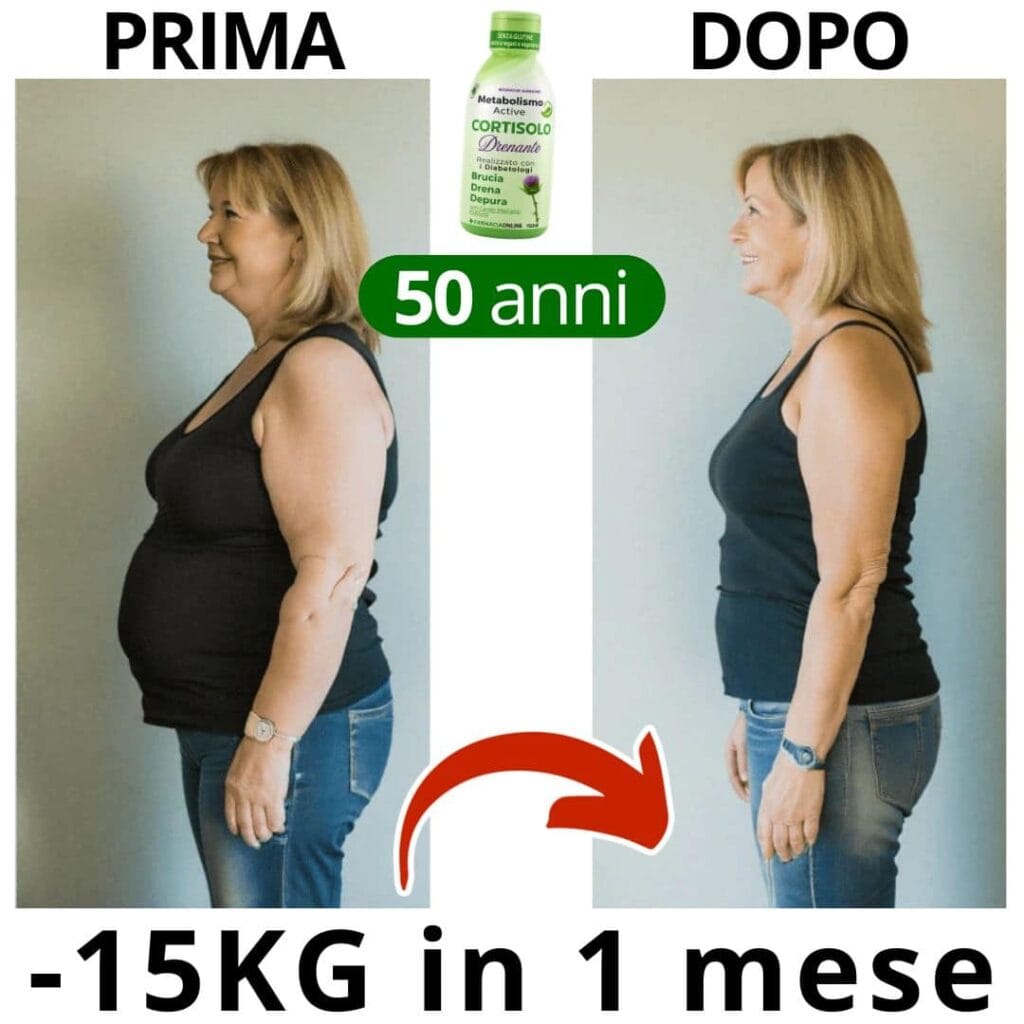 Prima e dopo la perdita di peso di 15 kg in un mese a 50 anni.