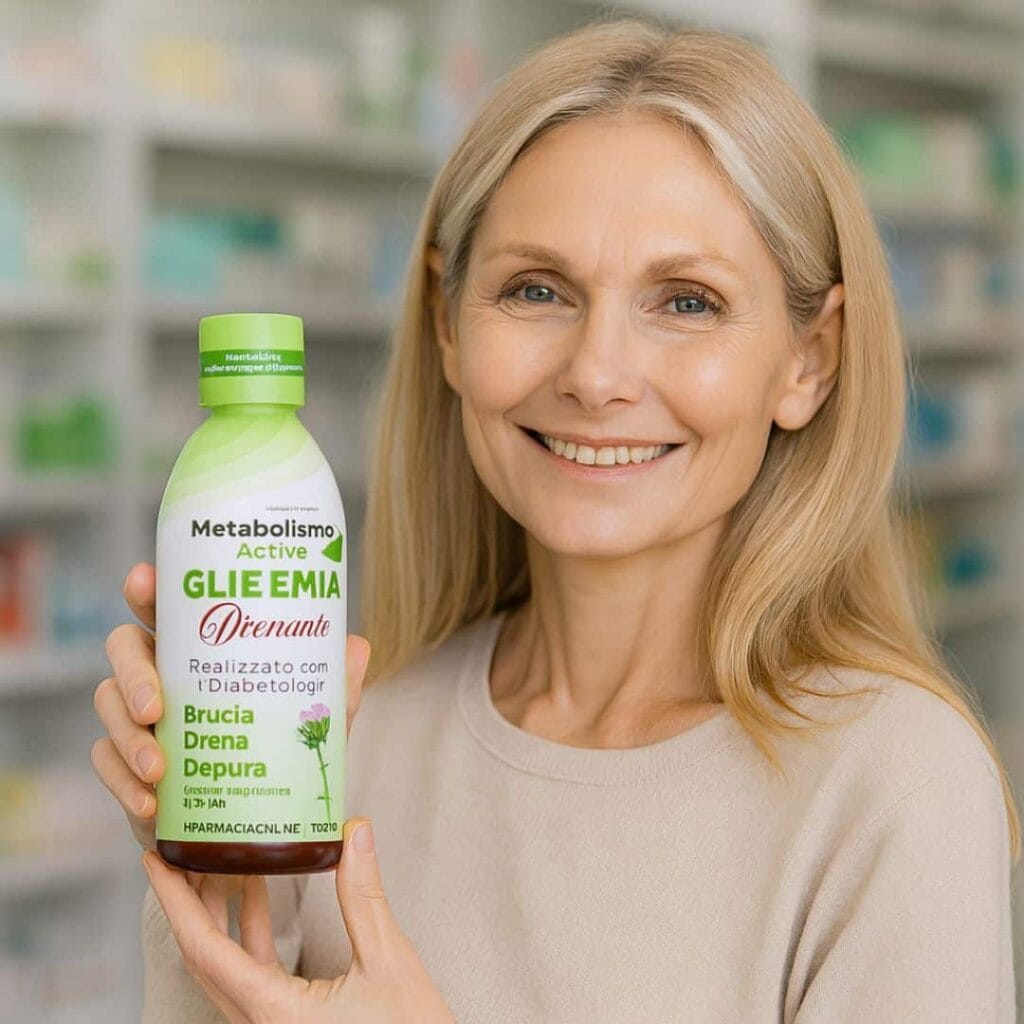 Donna sorridente con integratore a base di erbe per metabolismo attivo.