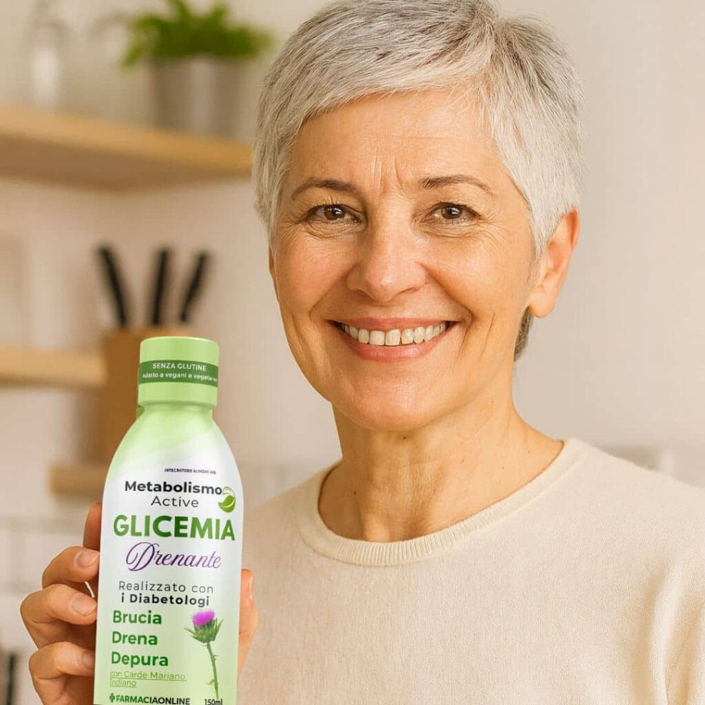 Donna sorridente con integratore per la glicemia in mano.