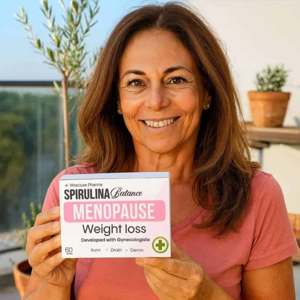 Donna sorridente con integratore per menopausa e perdita di peso.