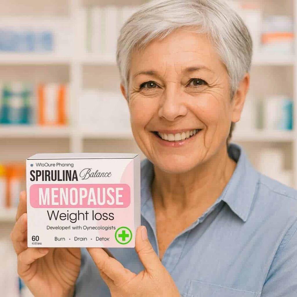 Donna anziana con sorriso che tiene un integratore per menopausa e perdita di peso.