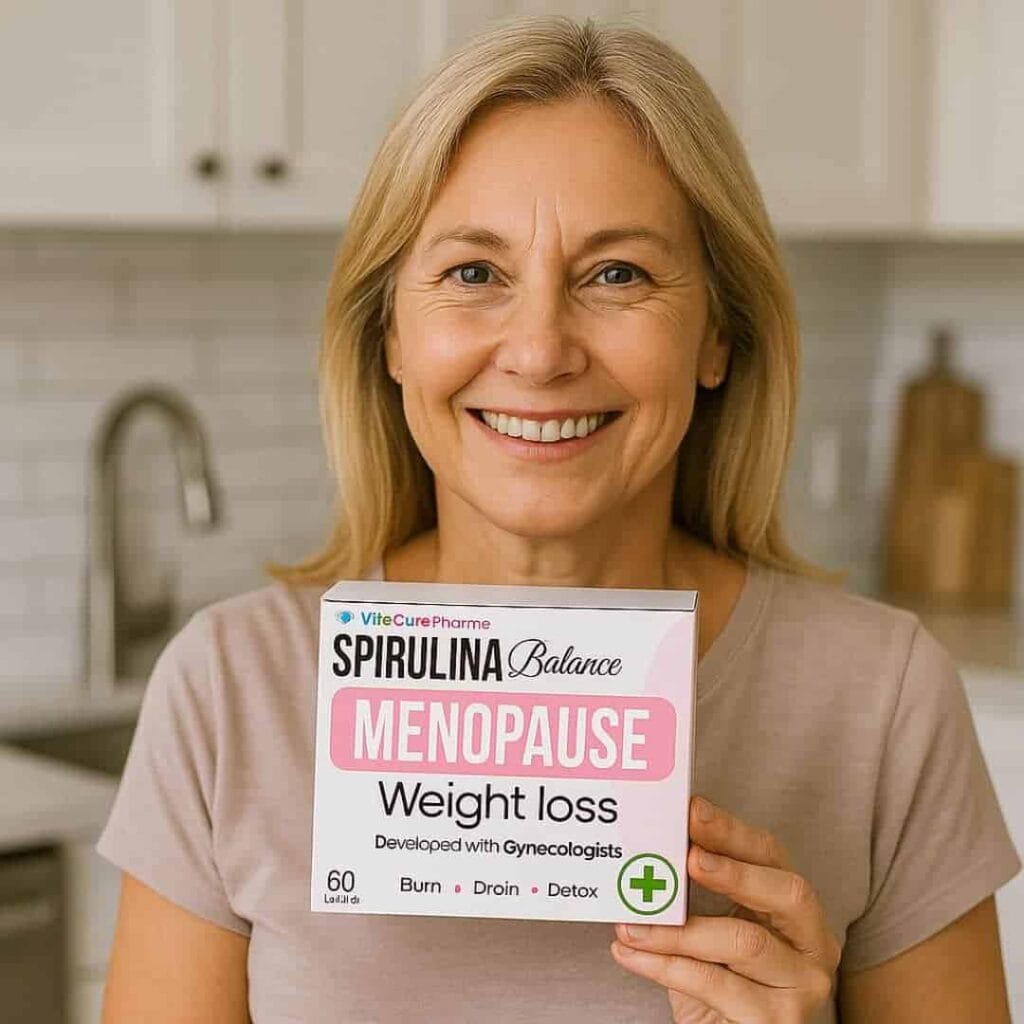Donna sorridente con integratore per menopausa e perdita di peso.