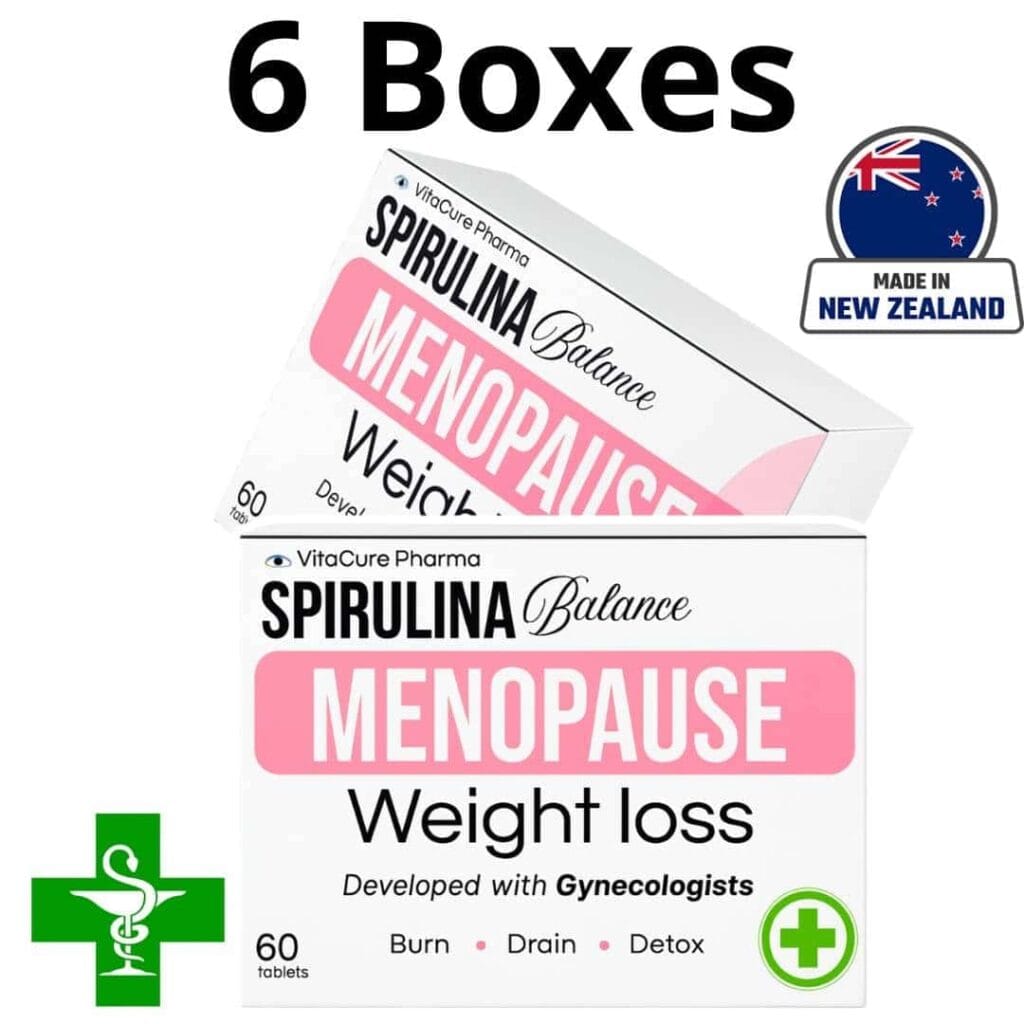 Box di integratori Menopausa Spirulina Balance, prodotto in Nuova Zelanda.