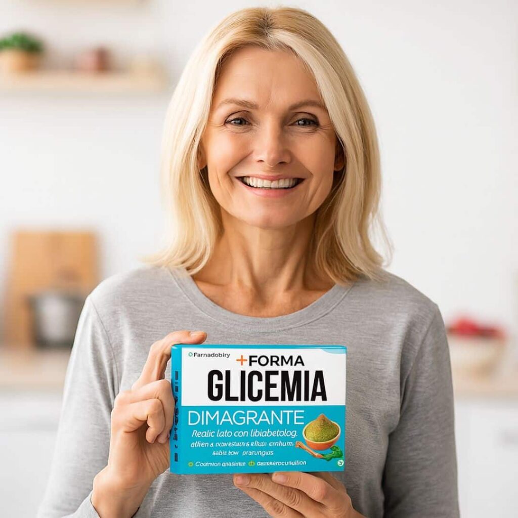 Donna sorridente con integratore naturale per glicemia.
