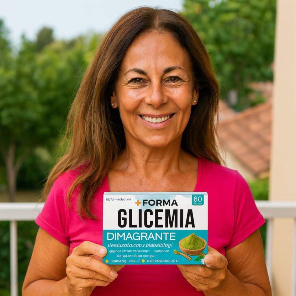 Donna sorridente con integratore per glicemia e dimagrimento.