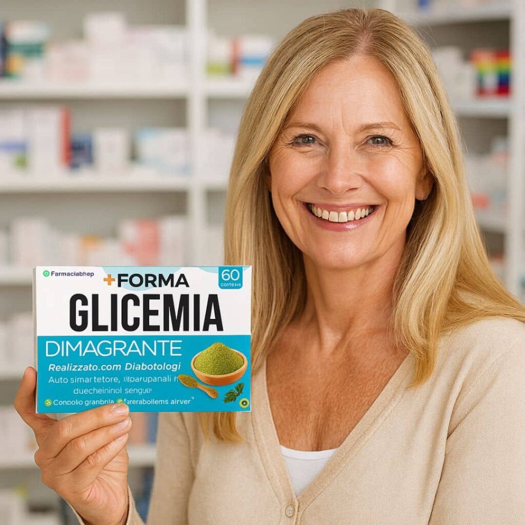 Donna sorridente con integratore per glicemia dimagrante.