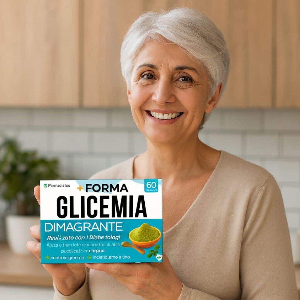 Donna anziana con sorriso che tiene un integratore per glicemia alta.