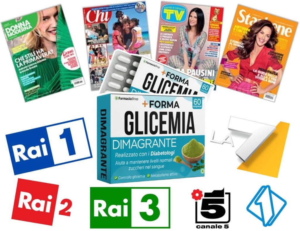 Riviste di salute, prodotti farmaceutici e loghi TV e canali italiani.