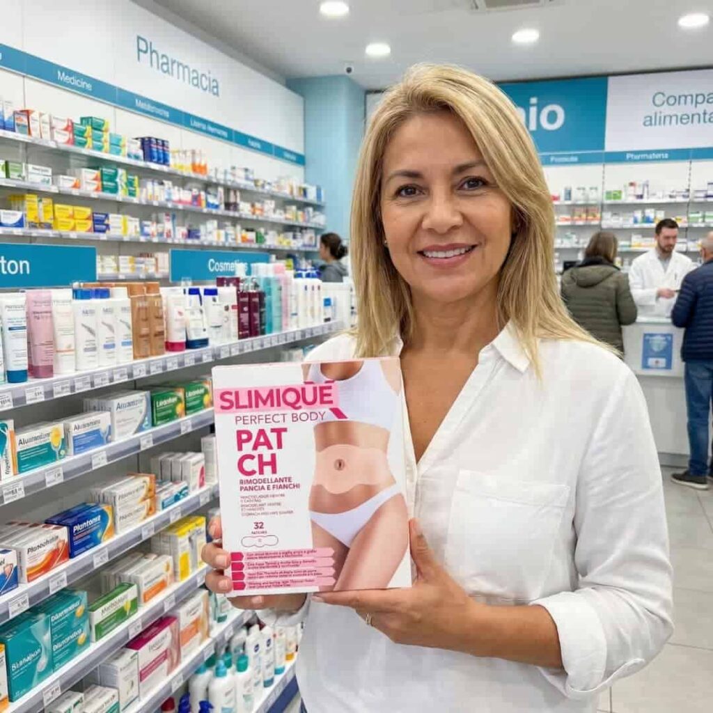 Donna sorridente con prodotto Slimique per il dimagrimento in farmacia.
