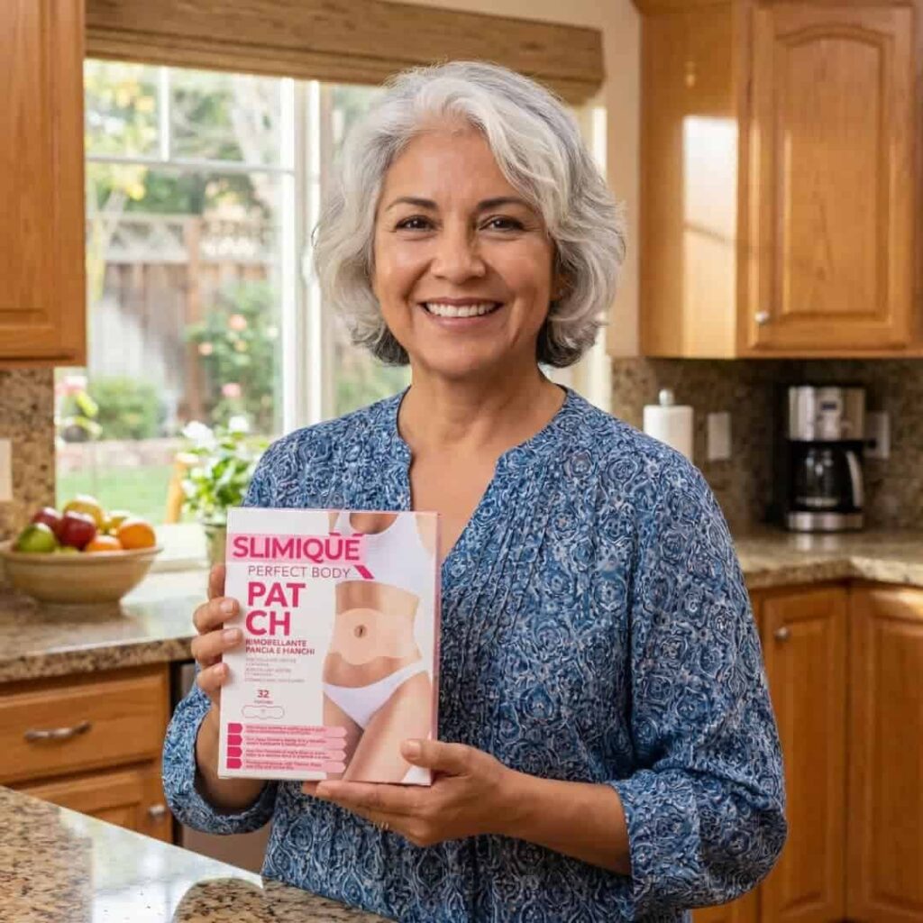 Donna sorridente con confezione di cerotti dimagranti Slimique Patch.