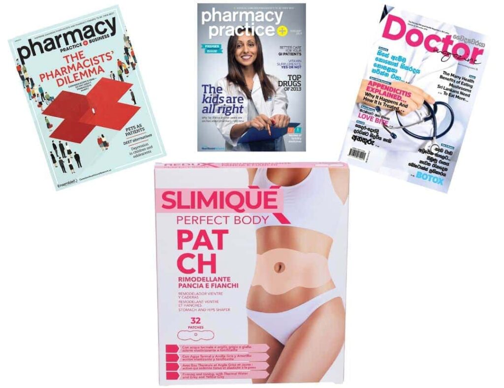 Riviste di salute, benessere e medicina con copertine colorate.